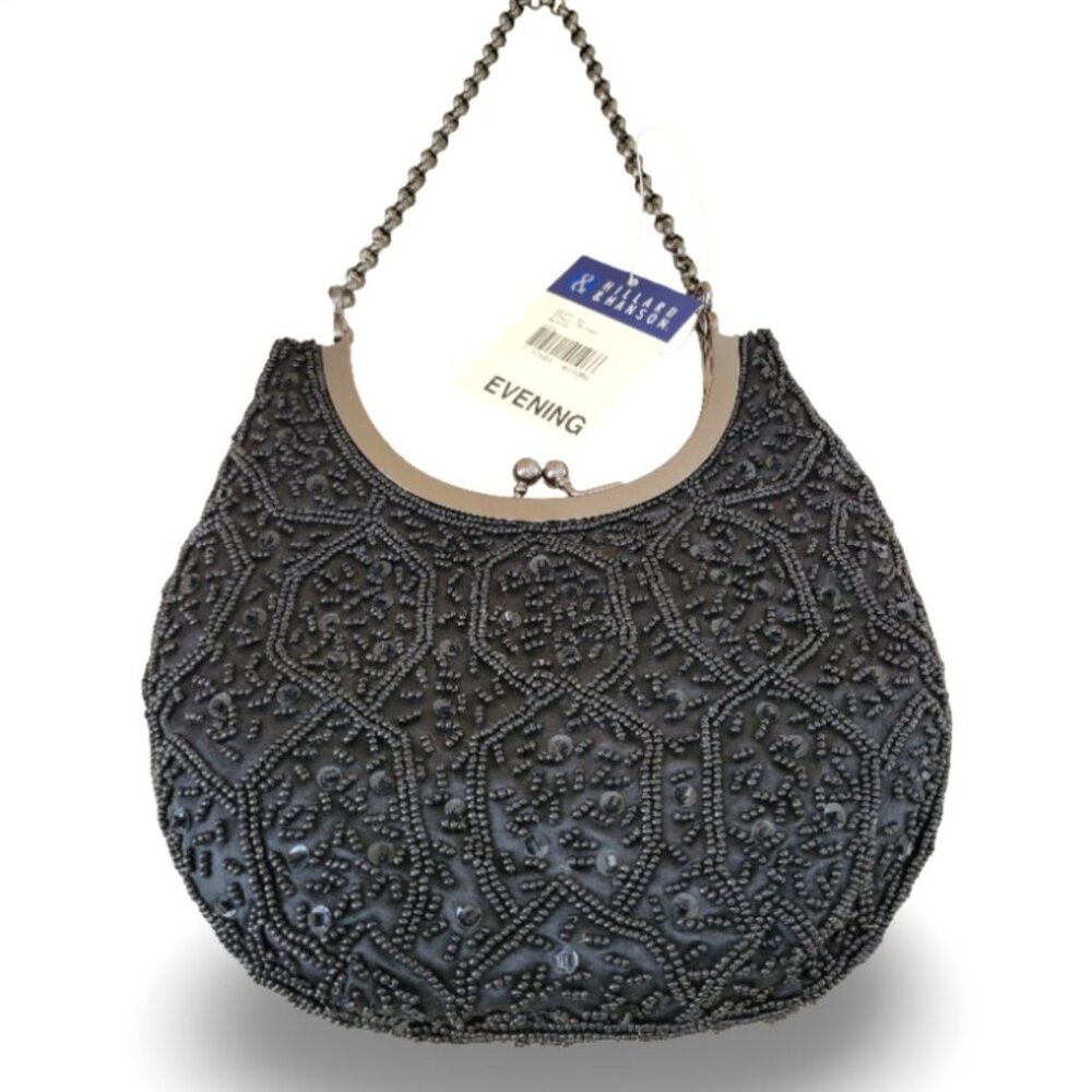 Glam  It Up With This Hillard & Hanson Black Beaded Evening Bag NWT!